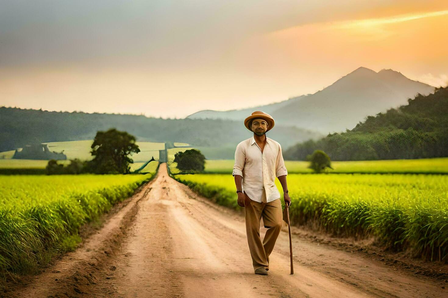 a man walking down a dirt road in a rice field. AI-Generated photo