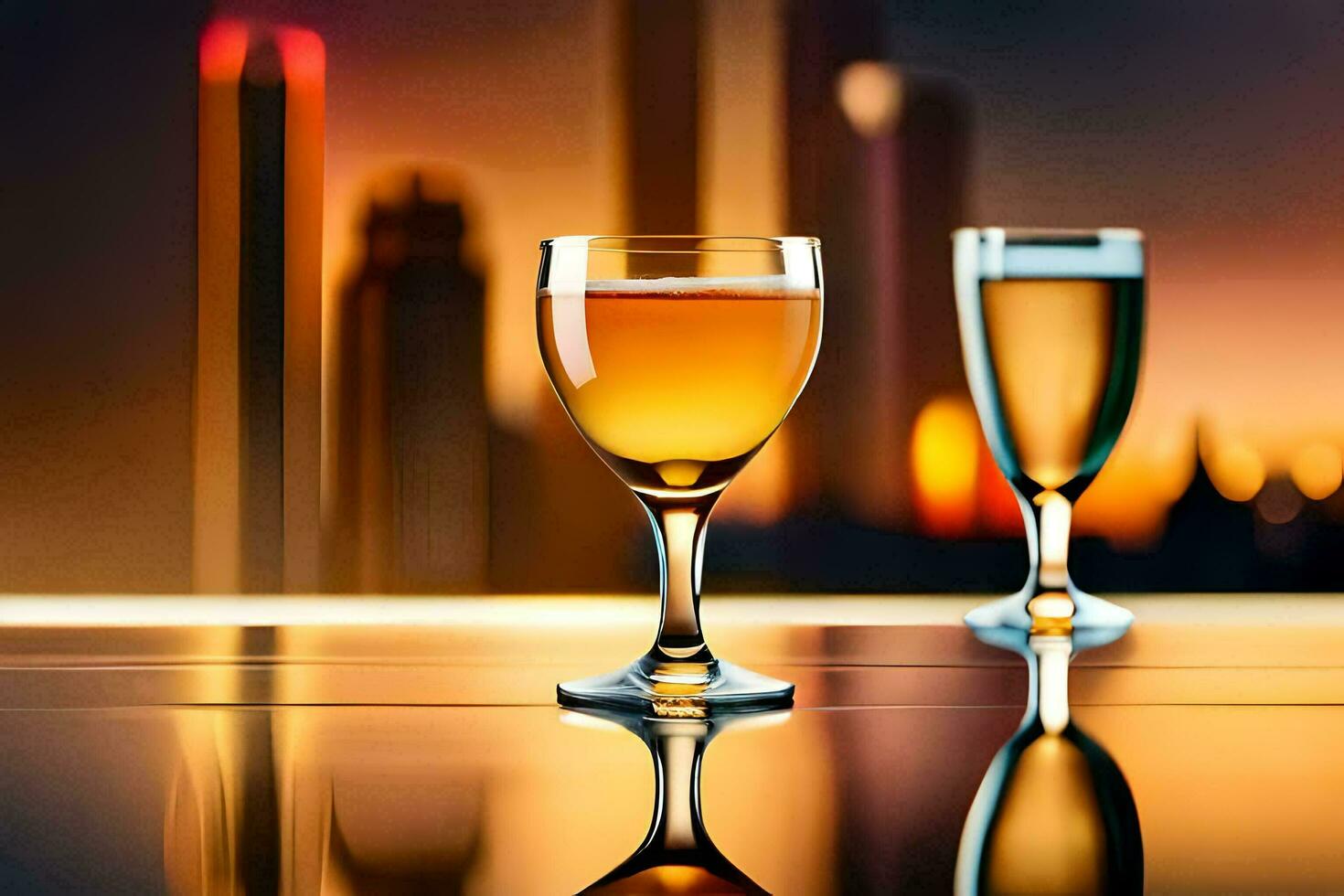 two glasses of beer on a table in front of a city skyline. AI-Generated photo
