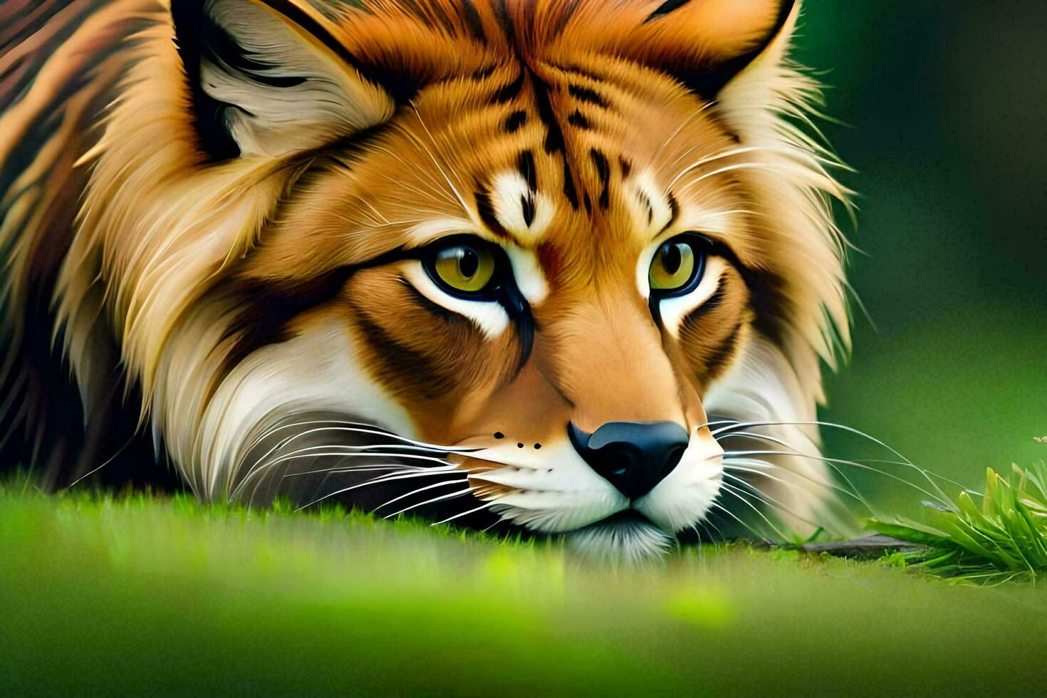 a tiger laying down in the grass. AI-Generated photo