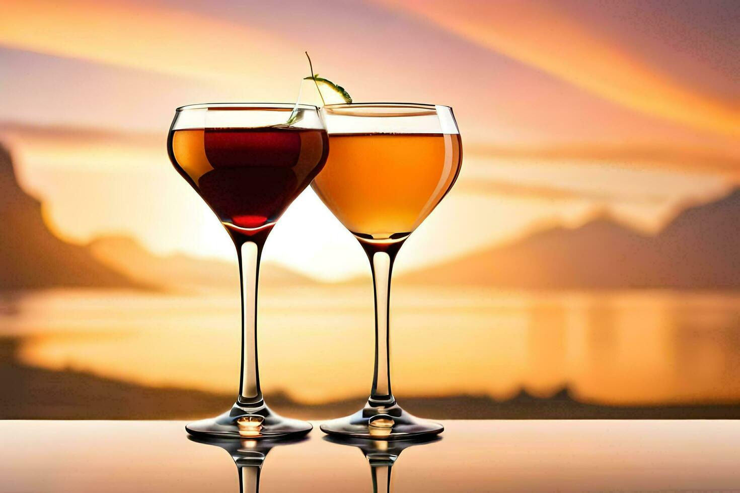 two glasses of wine with a sunset in the background. AI-Generated photo
