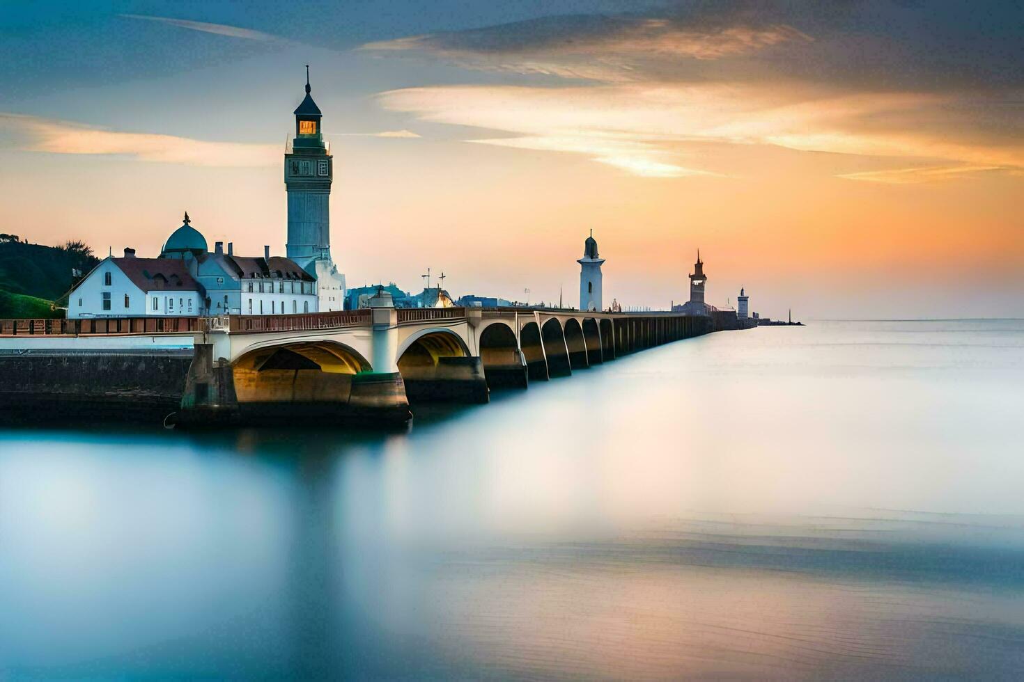 a long exposure photograph of a bridge and lighthouse at sunset. AI-Generated photo