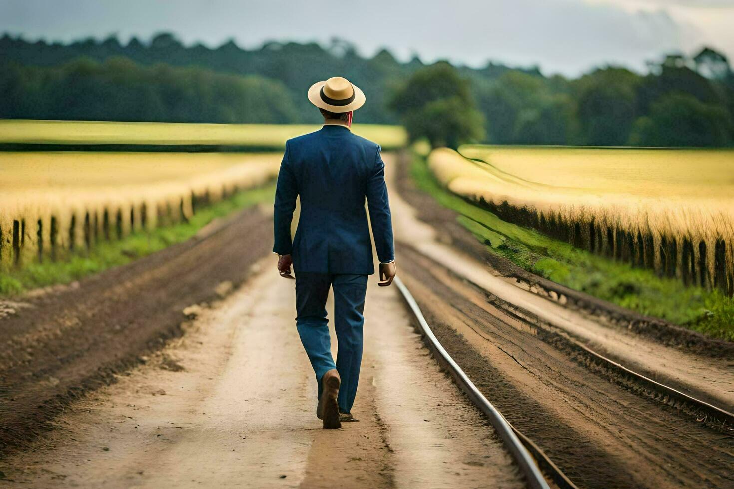 a man in a suit and hat walks down a road. AI-Generated photo