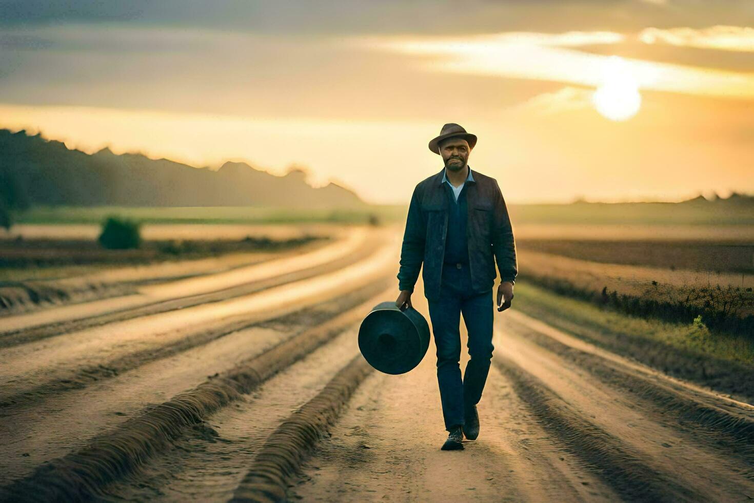 un hombre en un sombrero y traje caminando abajo un suciedad la carretera. generado por ai foto