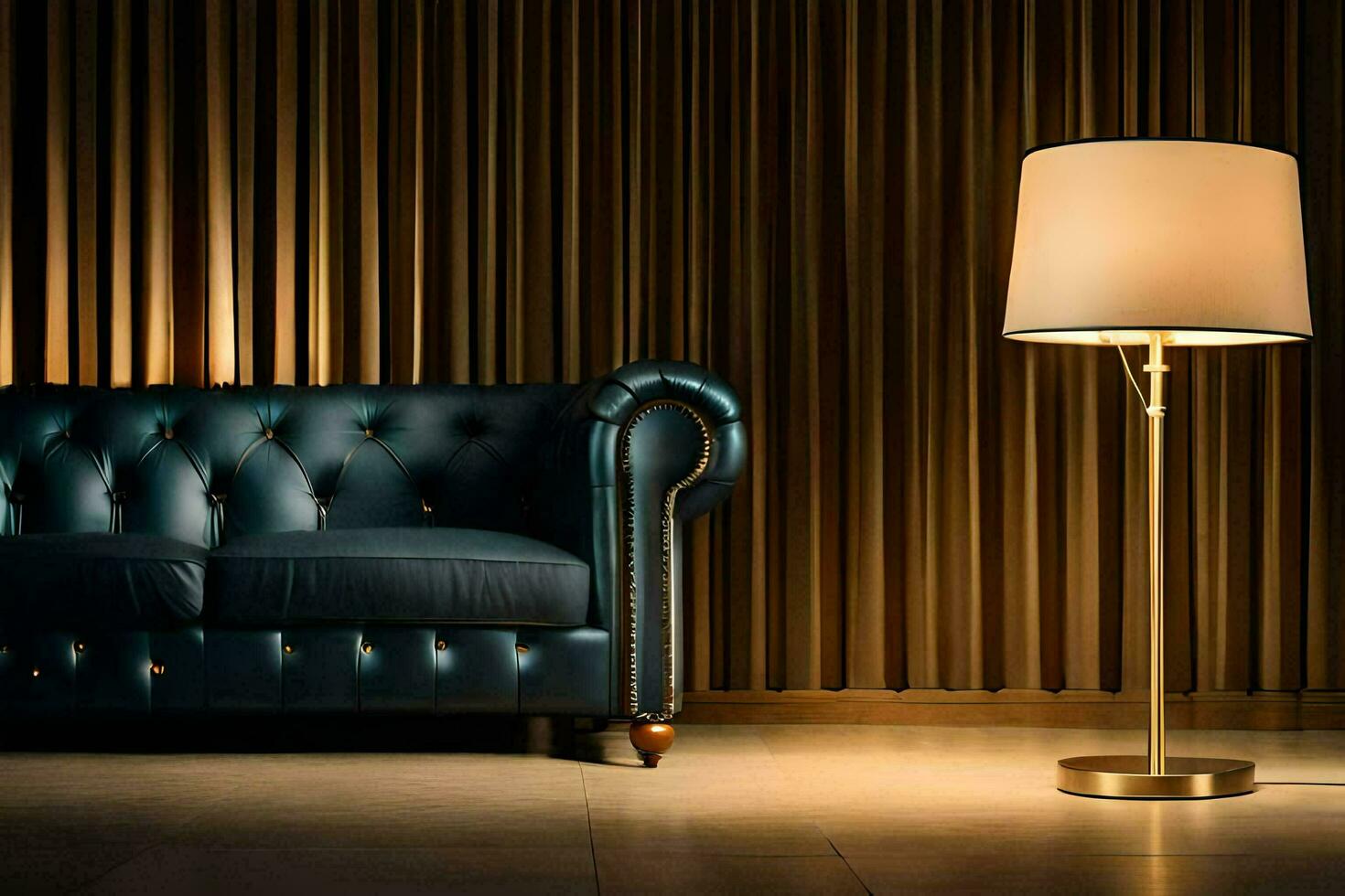 a leather couch and lamp in a dark room. AI-Generated photo