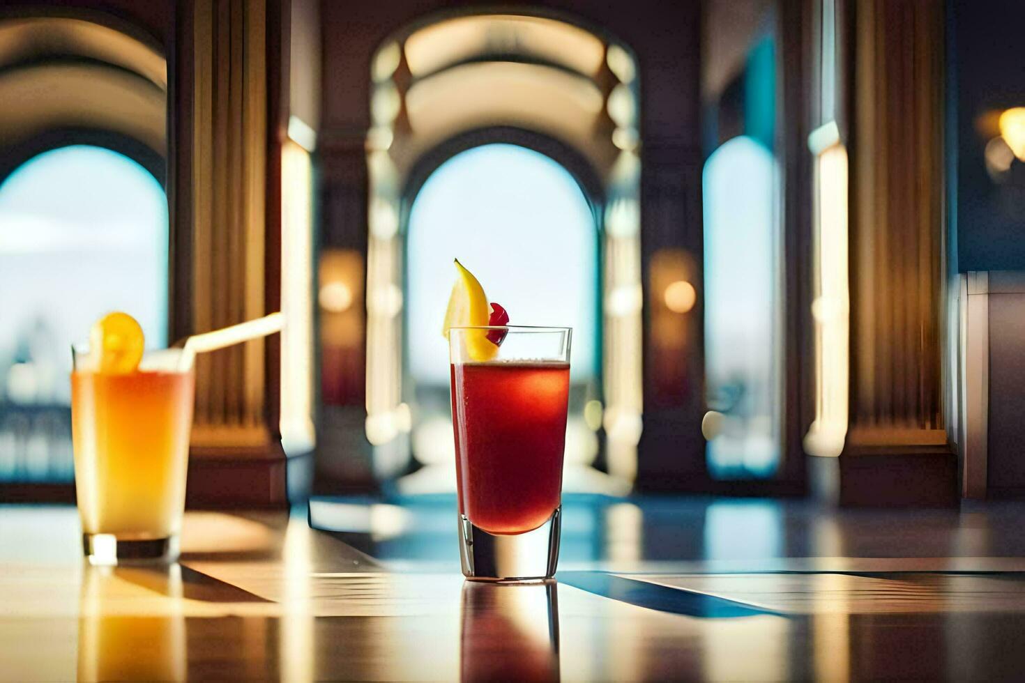 two drinks sit on a table in front of a large window. AI-Generated photo