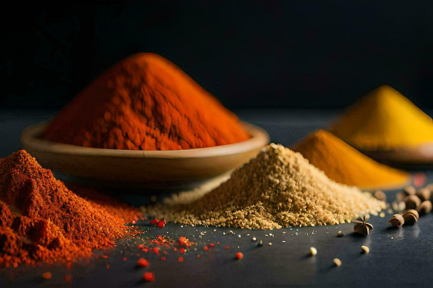 various spices and spices on a black background. AI-Generated photo