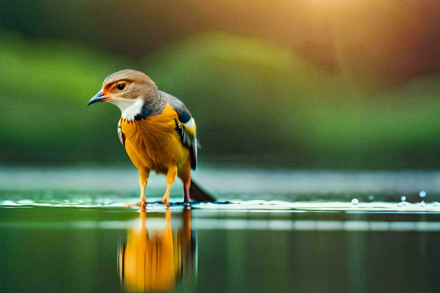 a bird standing on the water with the sun in the background. AI-Generated photo