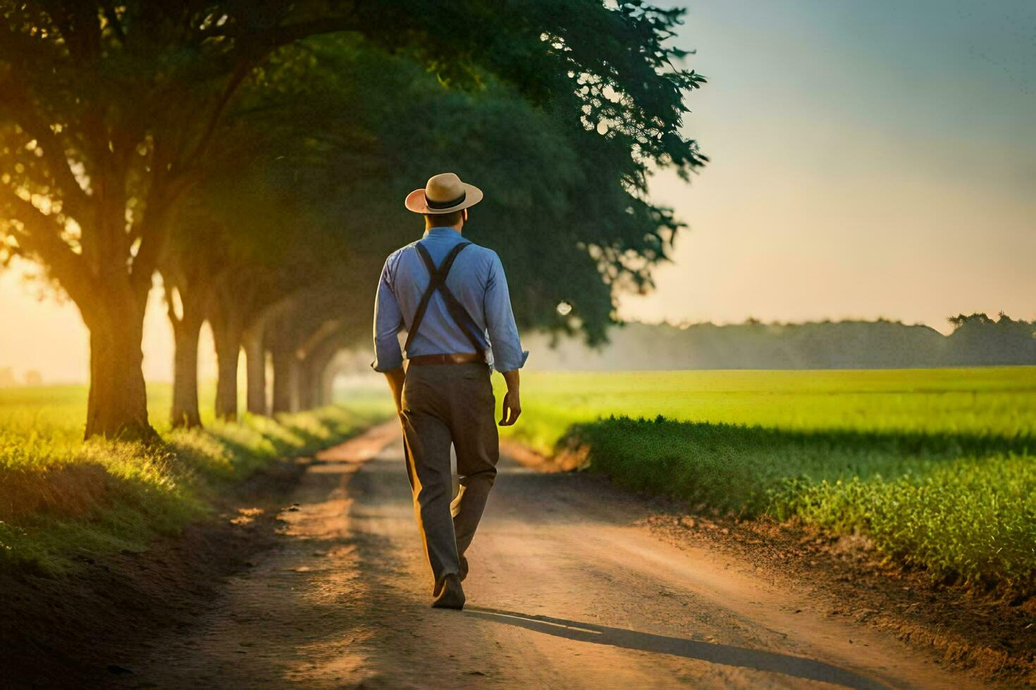 a man in a hat and suspenders walking down a dirt road. AI-Generated photo