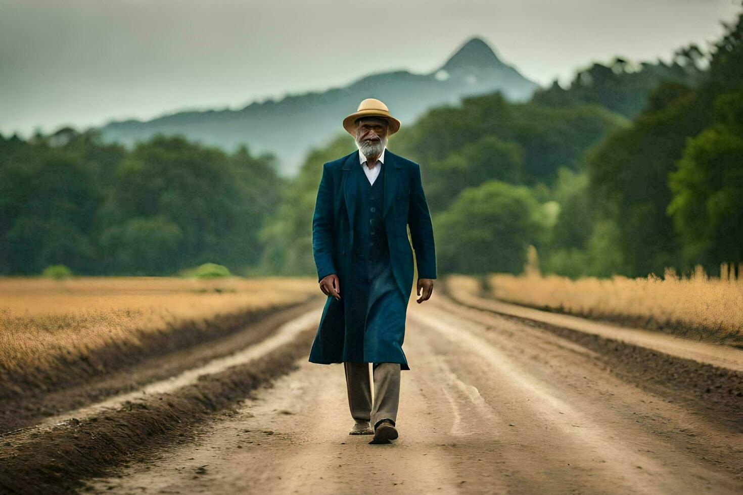 a man in a blue suit and hat walking down a dirt road. AI-Generated photo