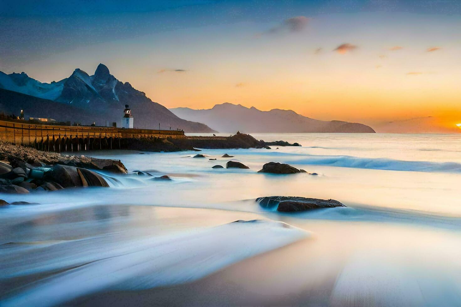a beautiful sunset over the ocean and mountains. AI-Generated photo