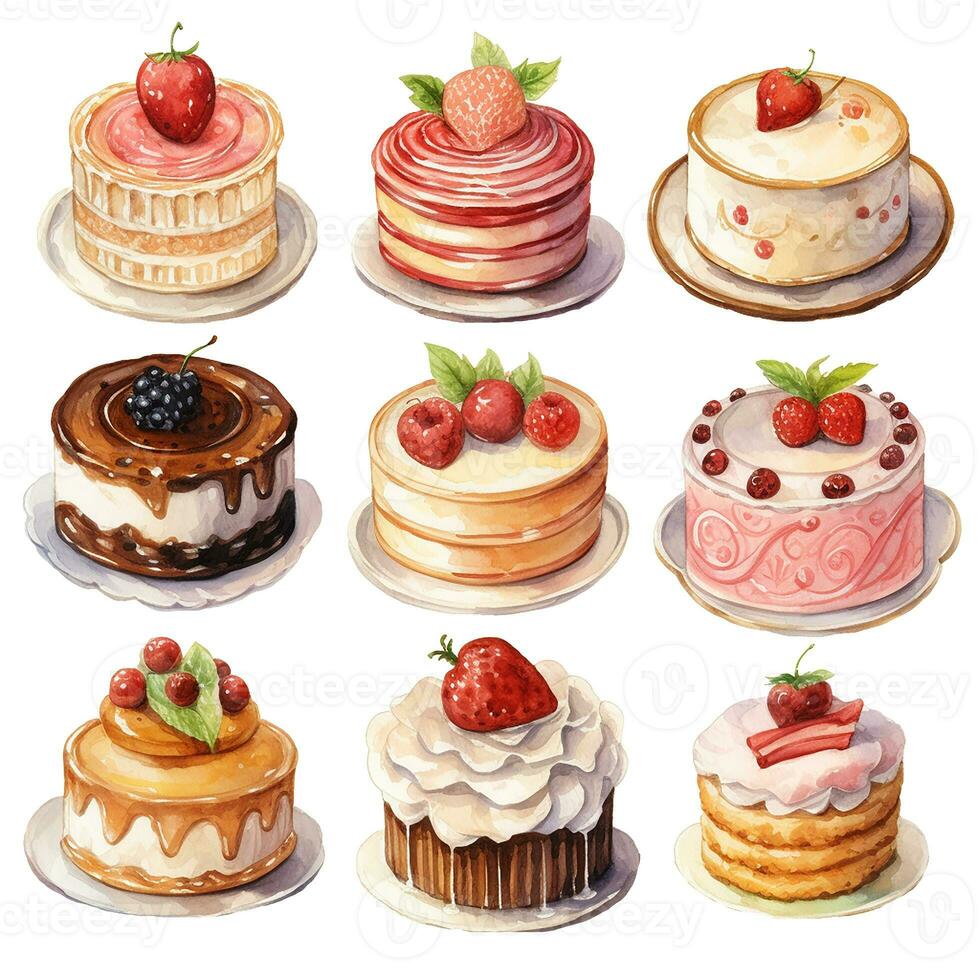 watercolor drawing, set of cakes and pastries with whipped cream, berries and chocolate. in vintage style, retro. Dessert photo