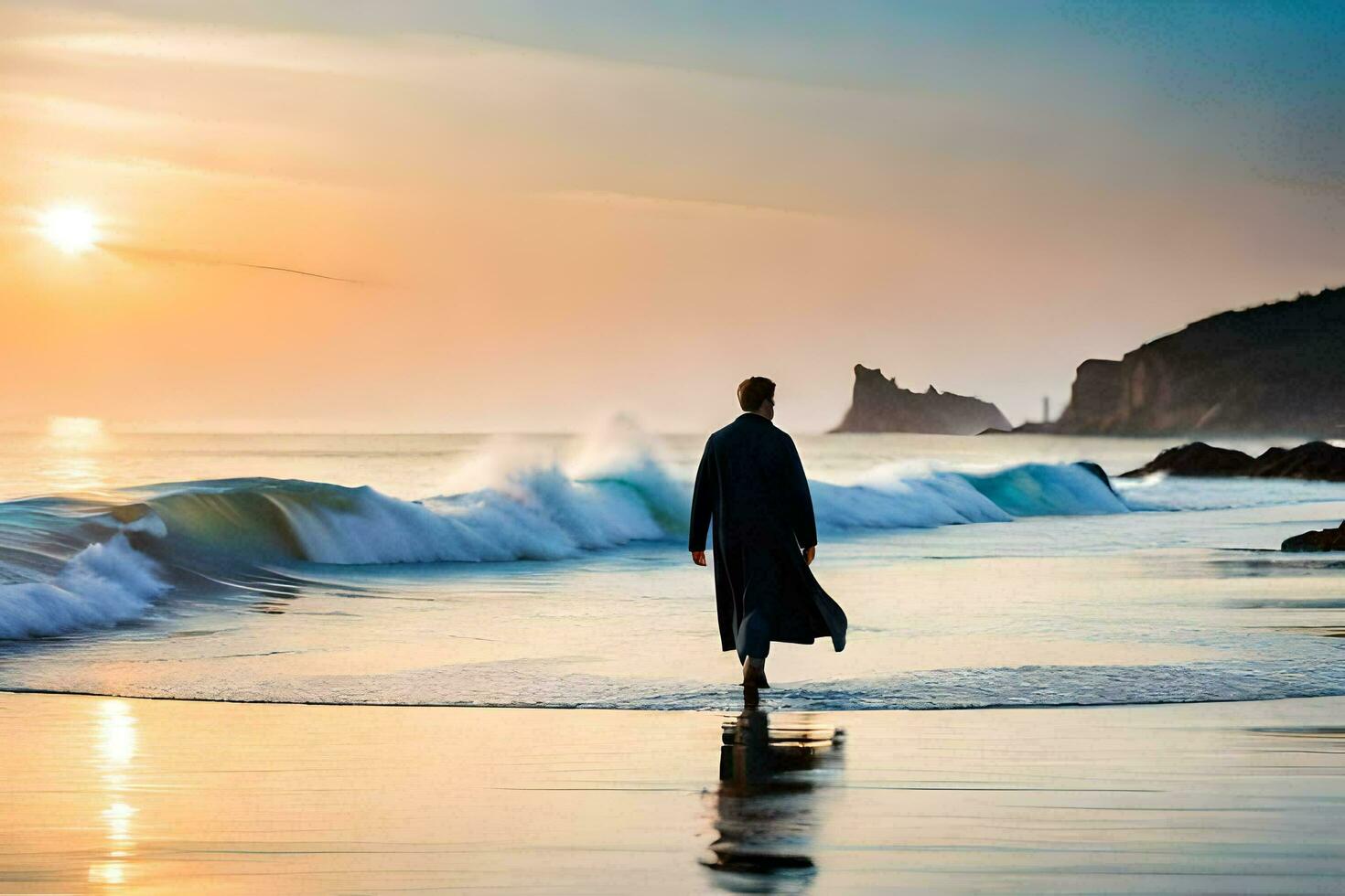 un hombre en un túnica caminando en el playa a puesta de sol. generado por ai foto