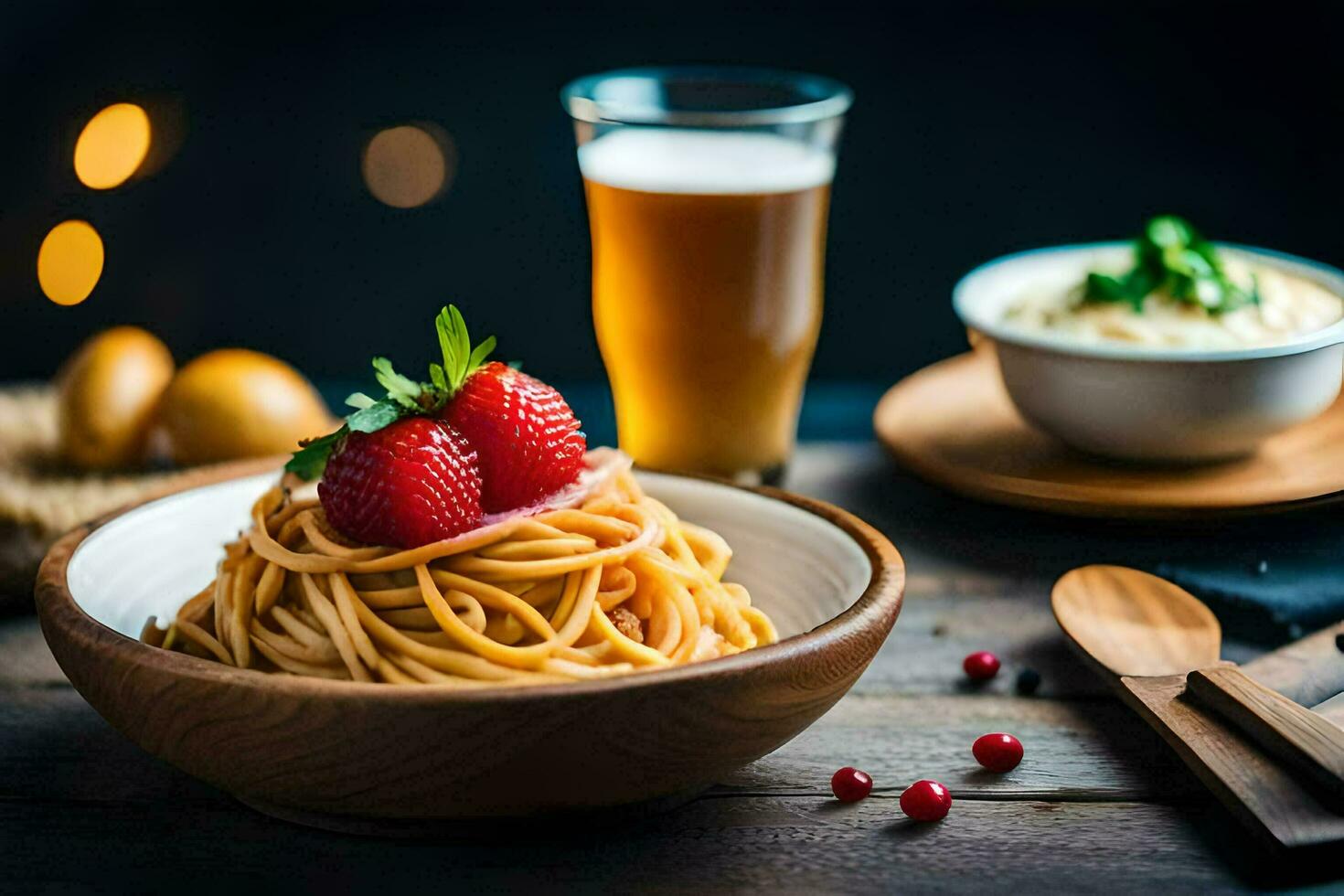 spaghetti with ham and strawberries on a wooden table. AI-Generated photo