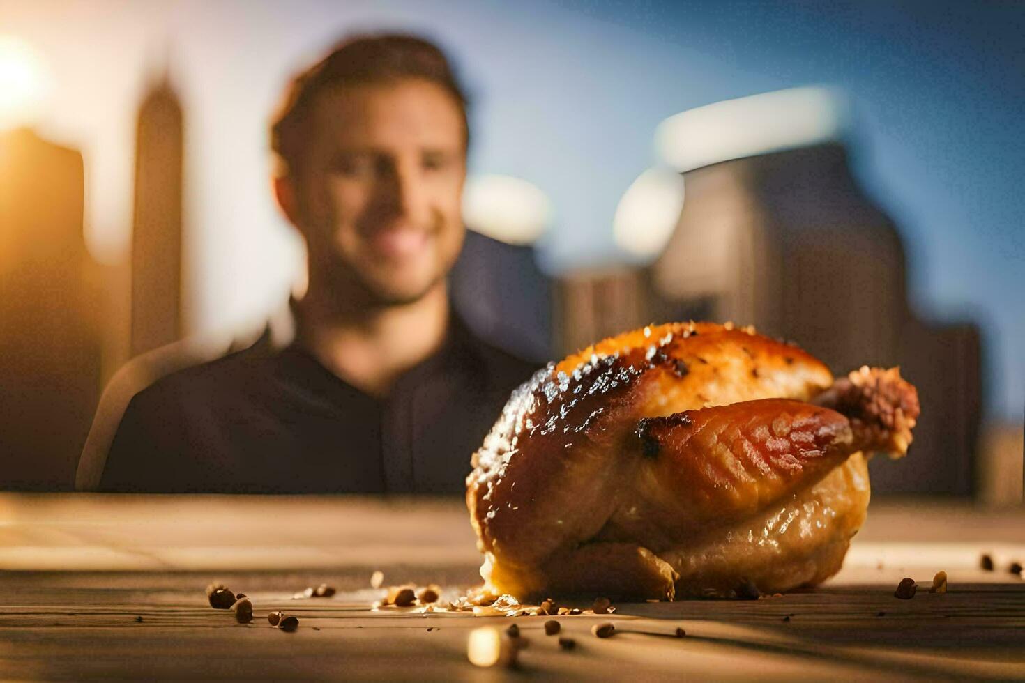 a man is sitting in front of a roasted chicken. AI-Generated photo