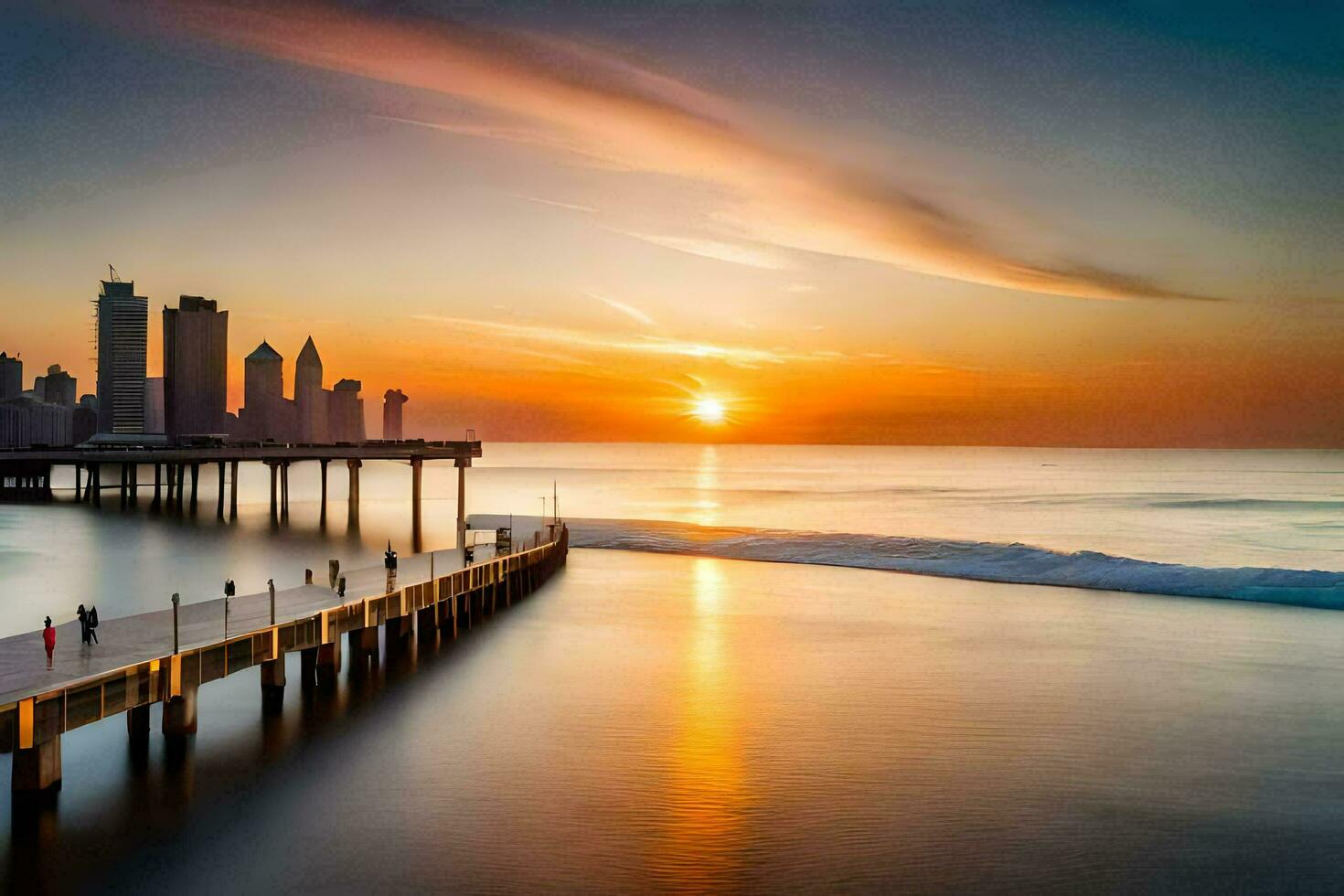 the sun rises over the ocean and pier in front of a city skyline. AI-Generated photo