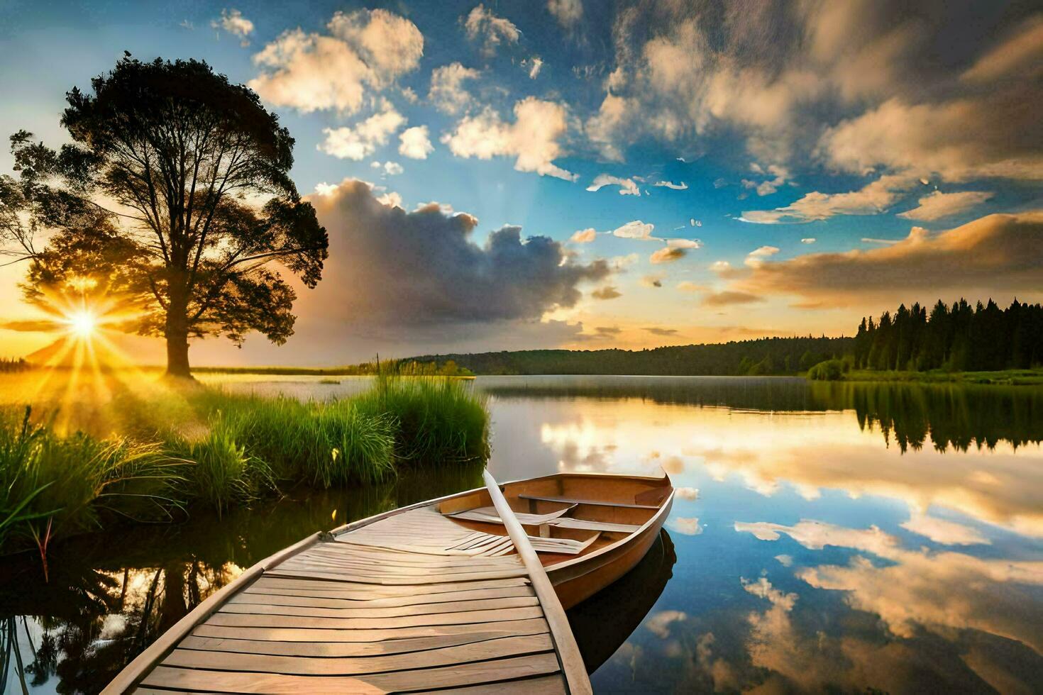 the boat is on the lake at sunset. AI-Generated photo