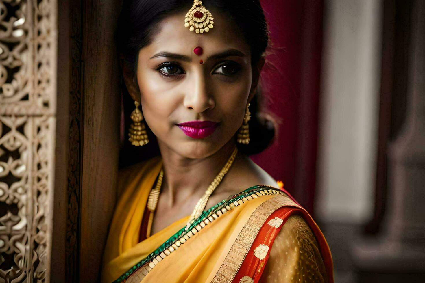 a beautiful indian woman in a yellow sari. AI-Generated photo