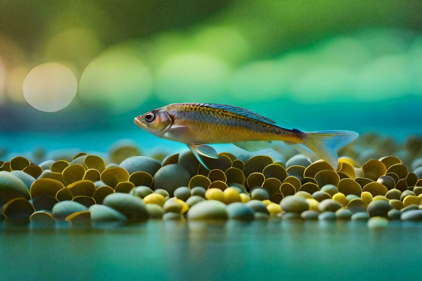 a fish is standing on top of a bunch of small stones. AI-Generated photo