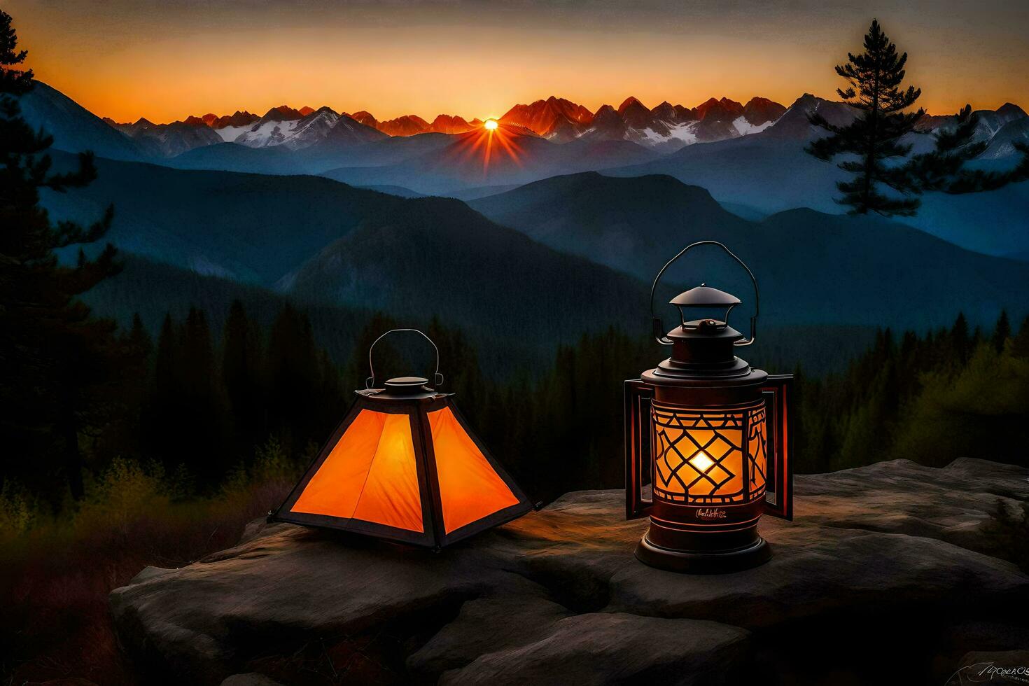 lanterns on the mountain. AI-Generated photo