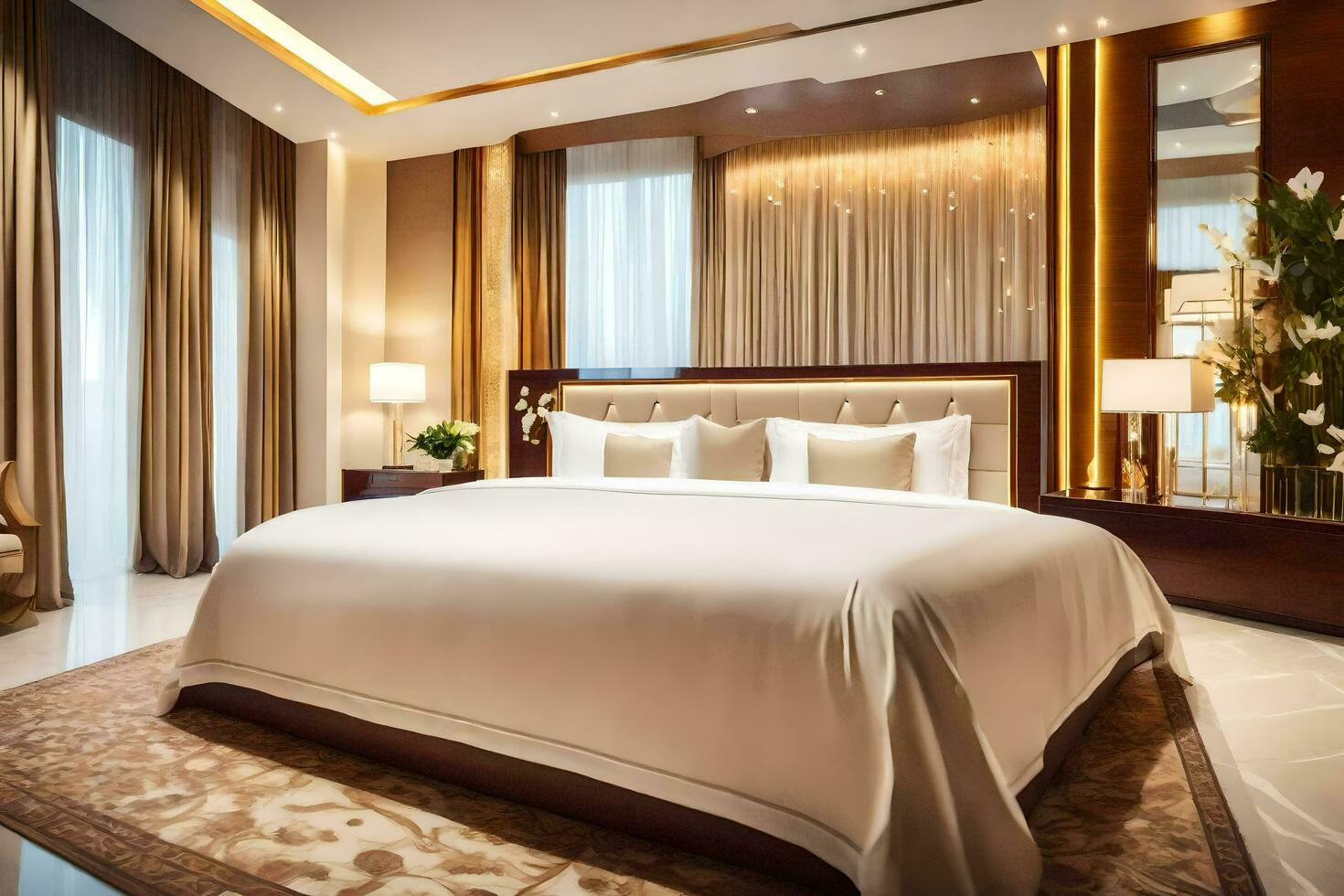 a bed or beds in a room at the ritz carlton, dubai. AI-Generated photo