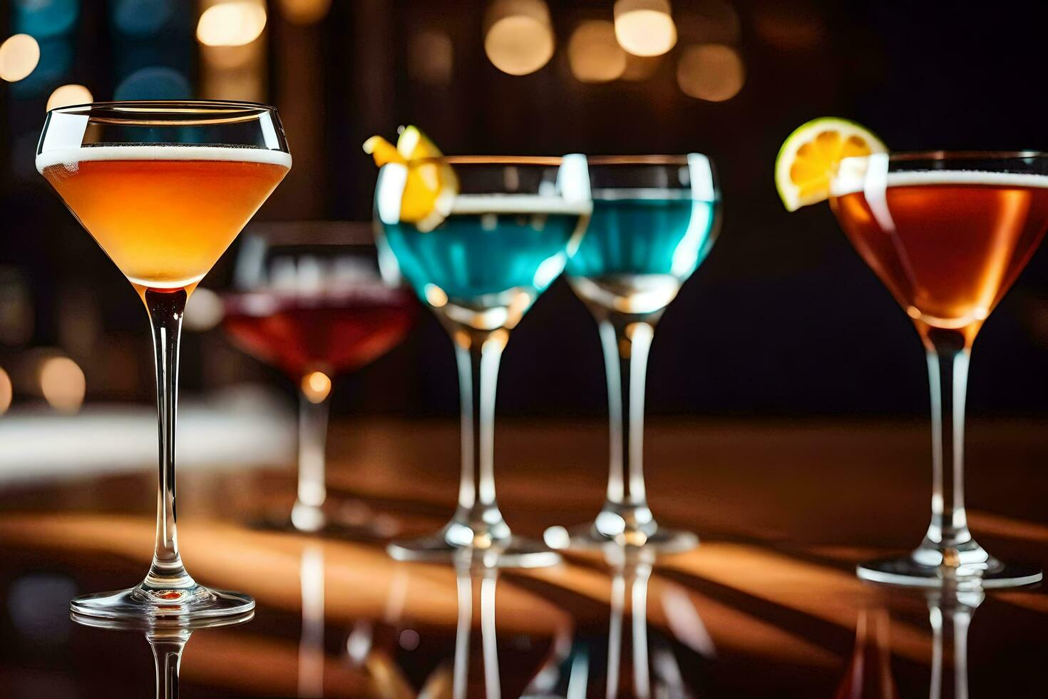 a group of different colored cocktails on a bar. AI-Generated photo