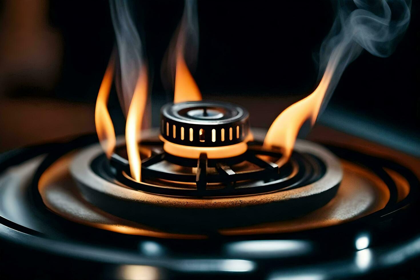 a close up of a gas burner with smoke coming out. AI-Generated photo