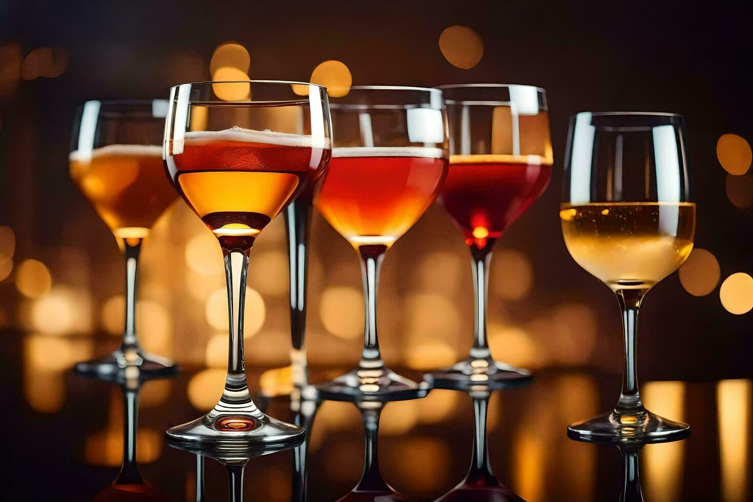 five glasses of wine on a table with a blurred background. AI-Generated photo