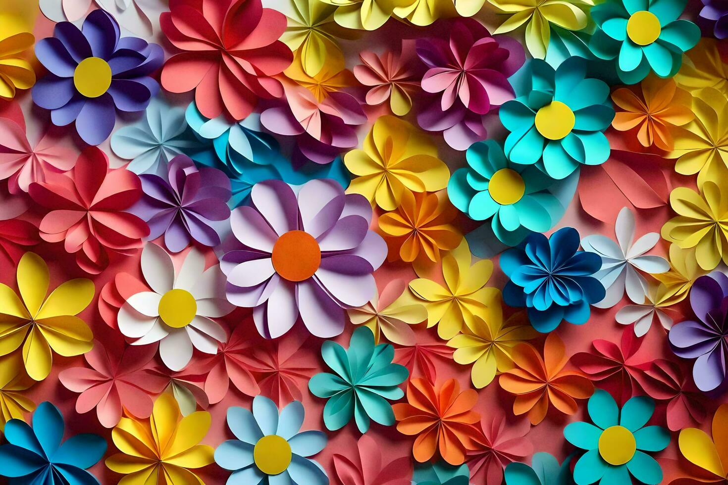 colorful paper flowers are arranged in a wall. AI-Generated photo