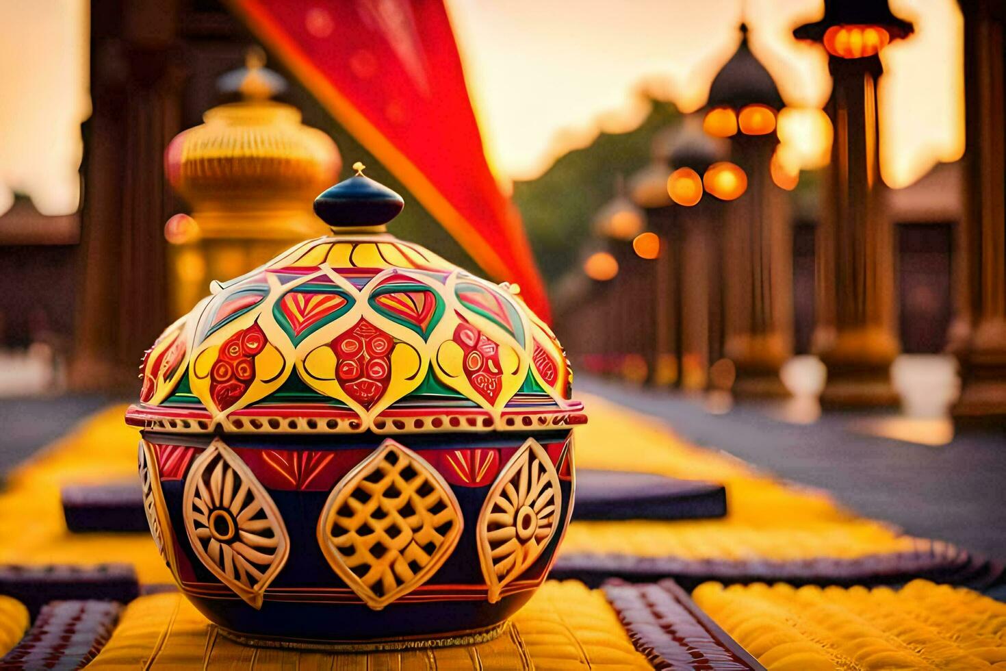 colorful pottery on a yellow rug in front of a temple. AI-Generated photo