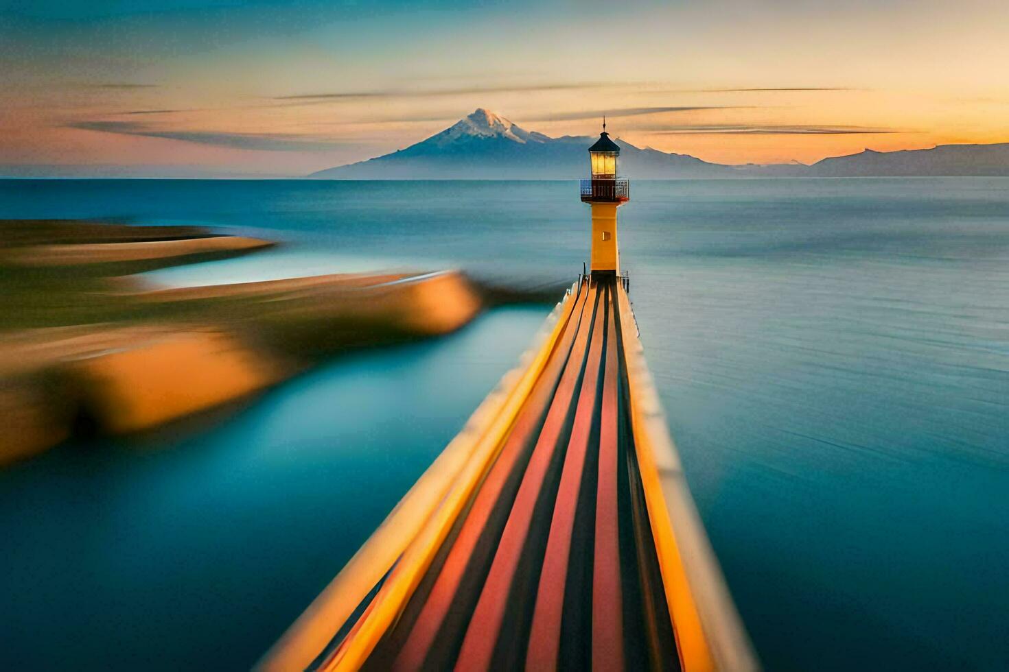 a lighthouse is in the water with a mountain in the background. AI-Generated photo