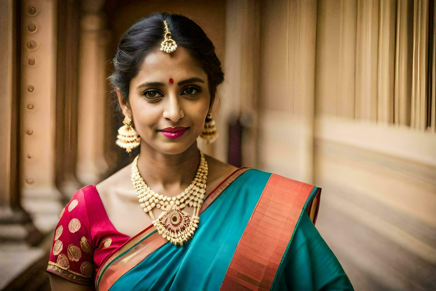 a beautiful indian woman wearing a sari and jewelry. AI-Generated photo