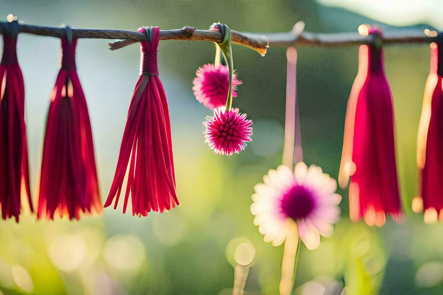 red tassels hanging from a branch in the grass. AI-Generated photo