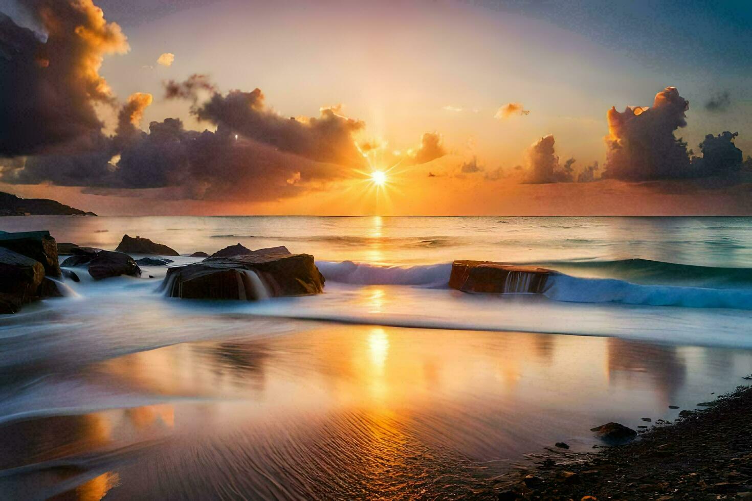 sunset on the beach, waves crashing on the rocks. AI-Generated photo