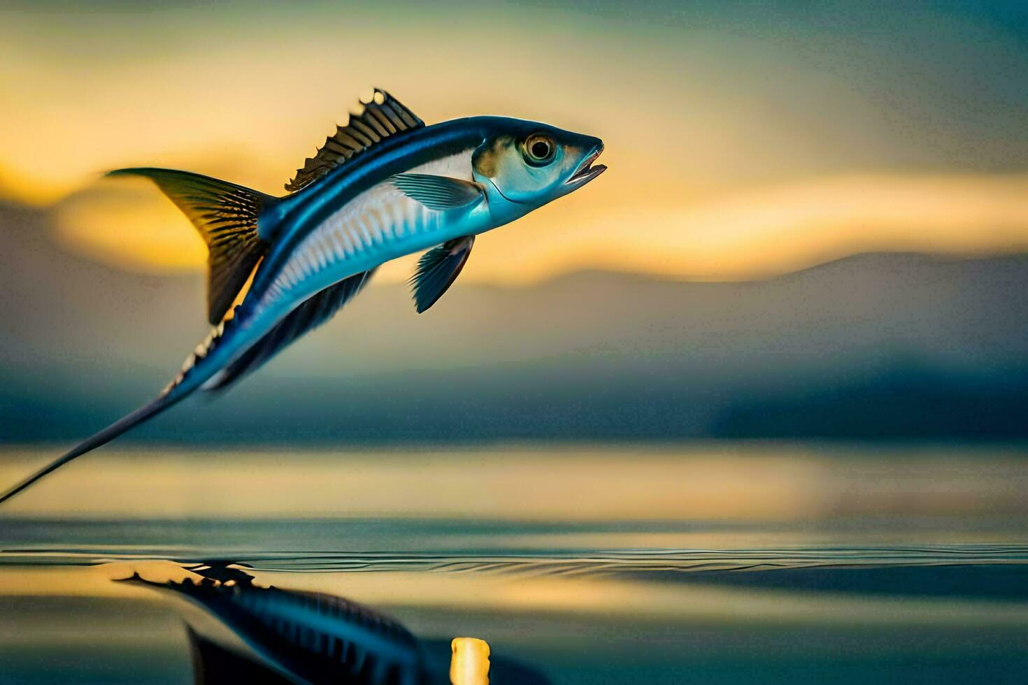 a fish is flying over the water at sunset. AI-Generated photo