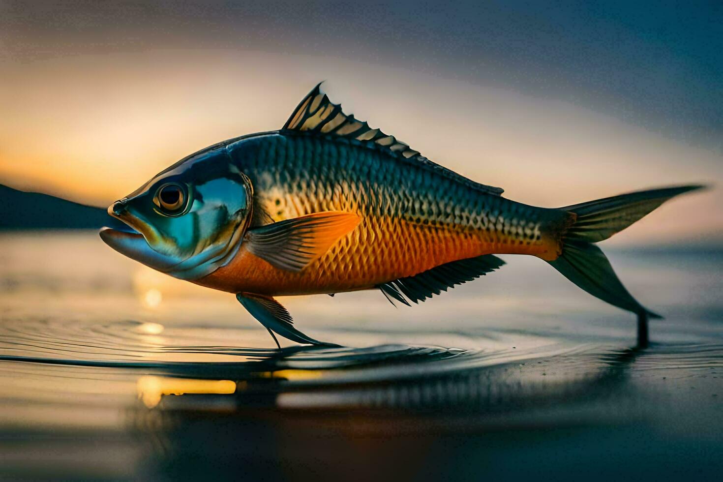 un pescado es nadando en el agua a puesta de sol. generado por ai foto