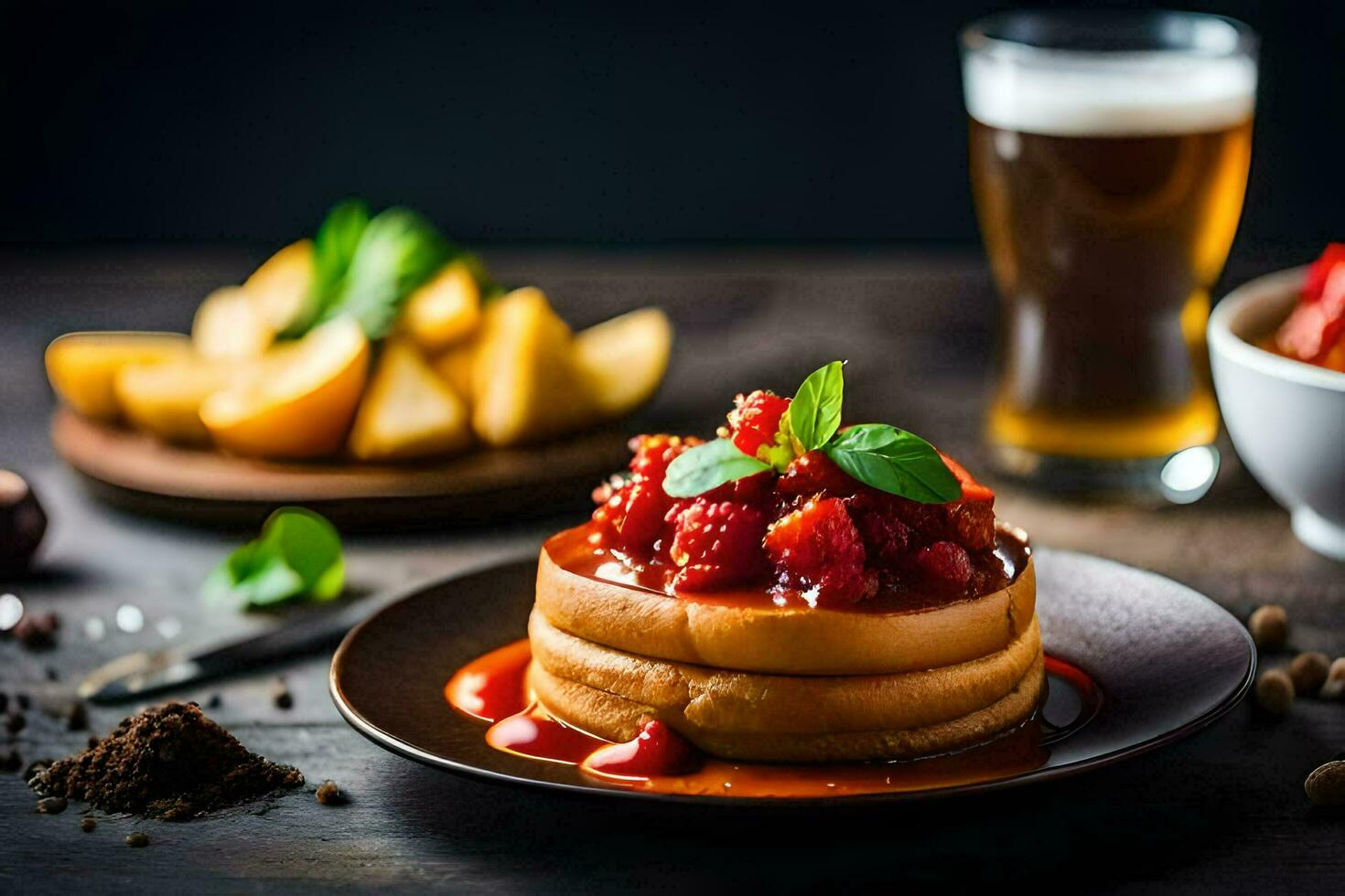 pancakes with berries and a glass of beer. AI-Generated photo