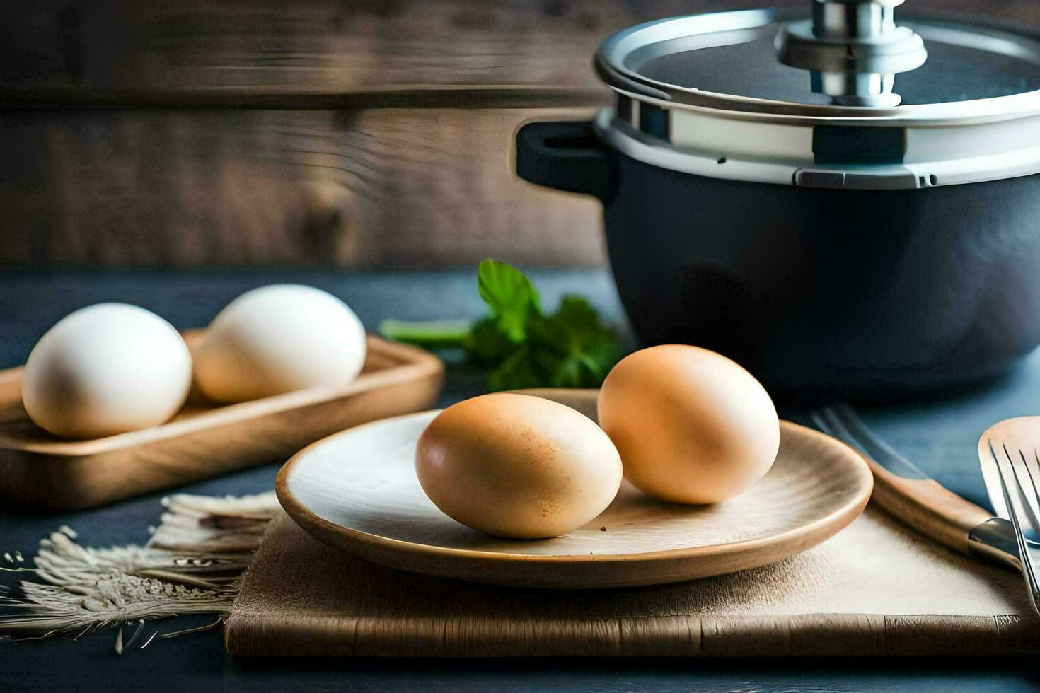 eggs on a plate next to a pot. AI-Generated photo