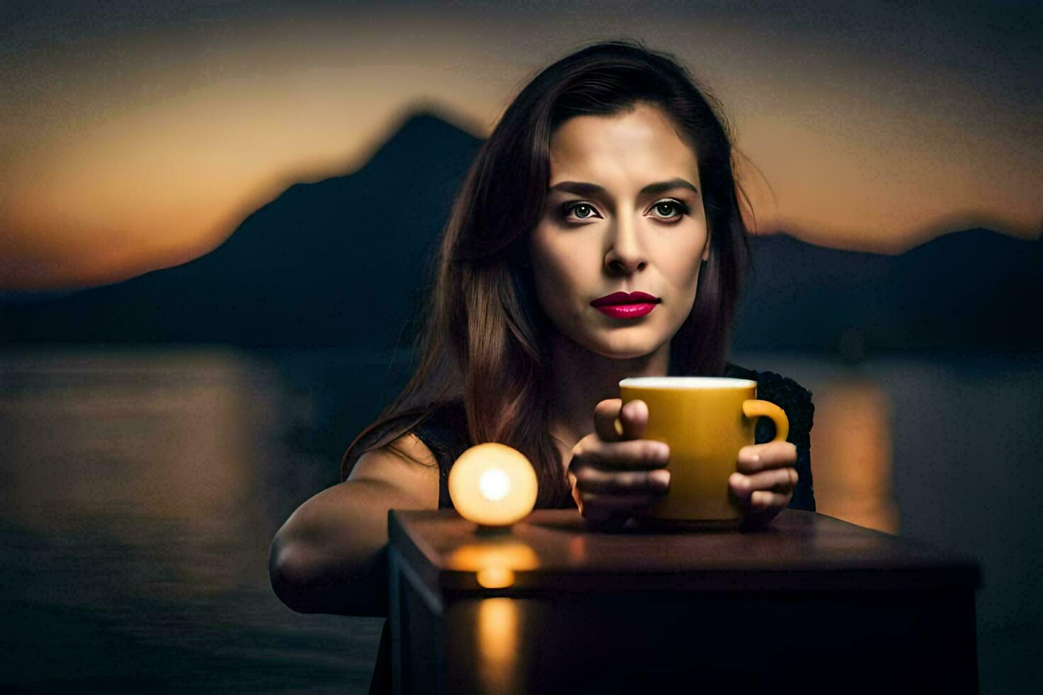 a woman holding a cup of coffee in front of a lake. AI-Generated photo