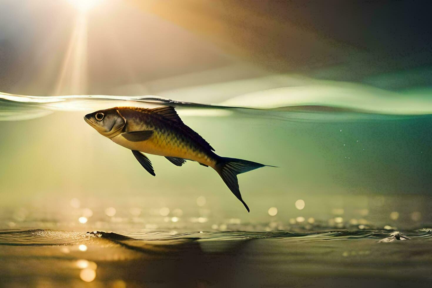 un pescado nadando en el agua con luz de sol brillante. generado por ai foto