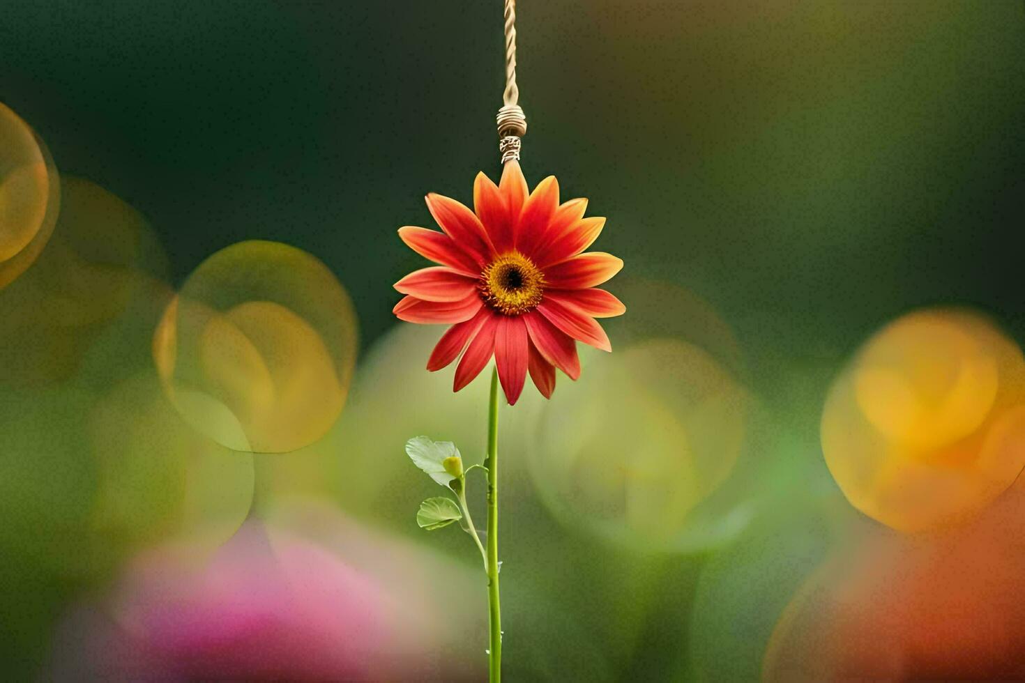 a red flower hanging from a string in front of a green background. AI-Generated photo