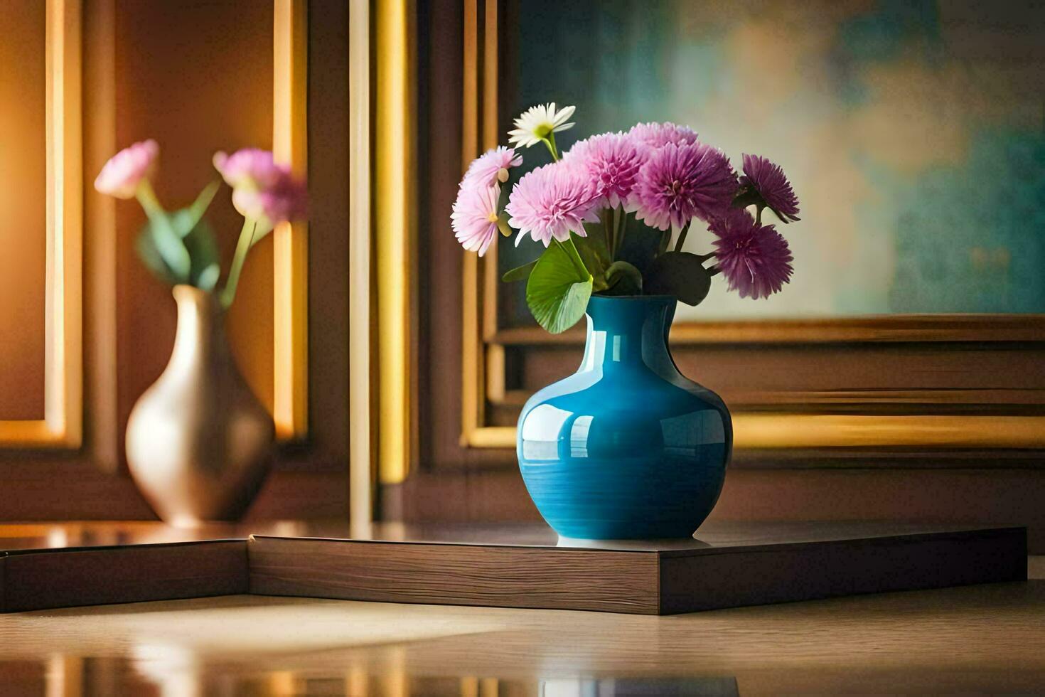 two vases with flowers on a table in front of a window. AI-Generated photo