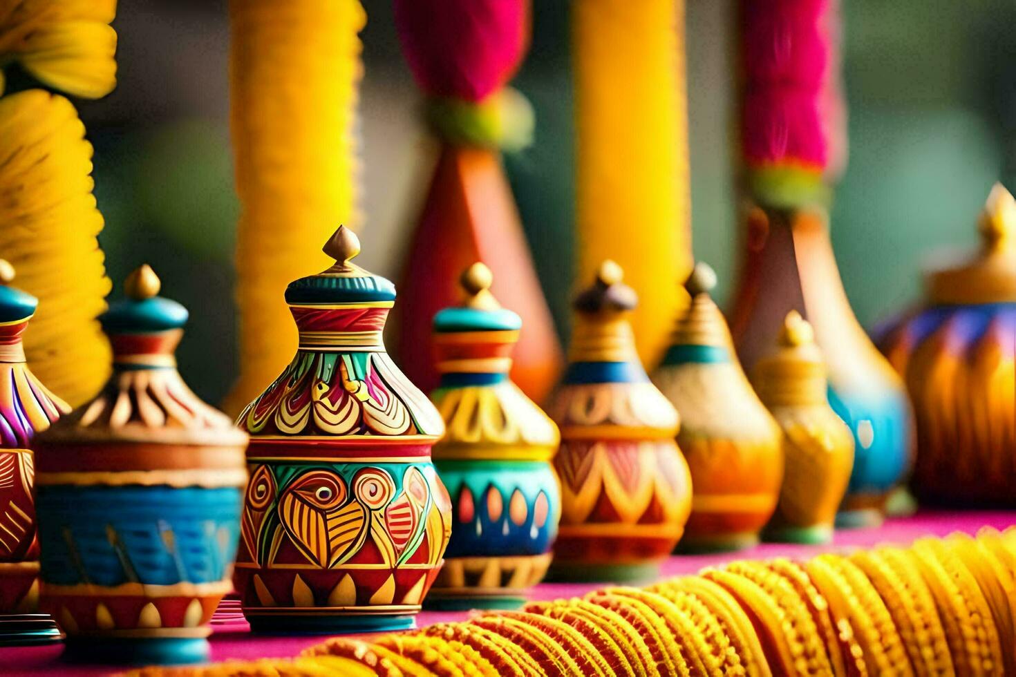 colorful vases on a table with colorful decorations. AI-Generated photo