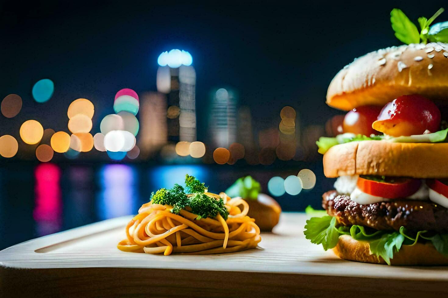 a hamburger with noodles and vegetables on a wooden board. AI-Generated photo
