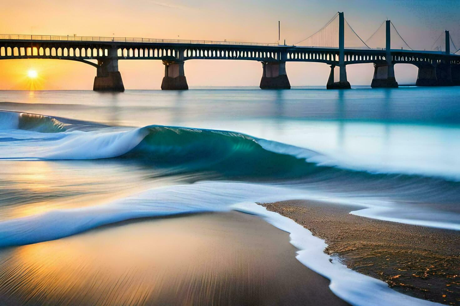 un puente terminado el Oceano a puesta de sol. generado por ai foto