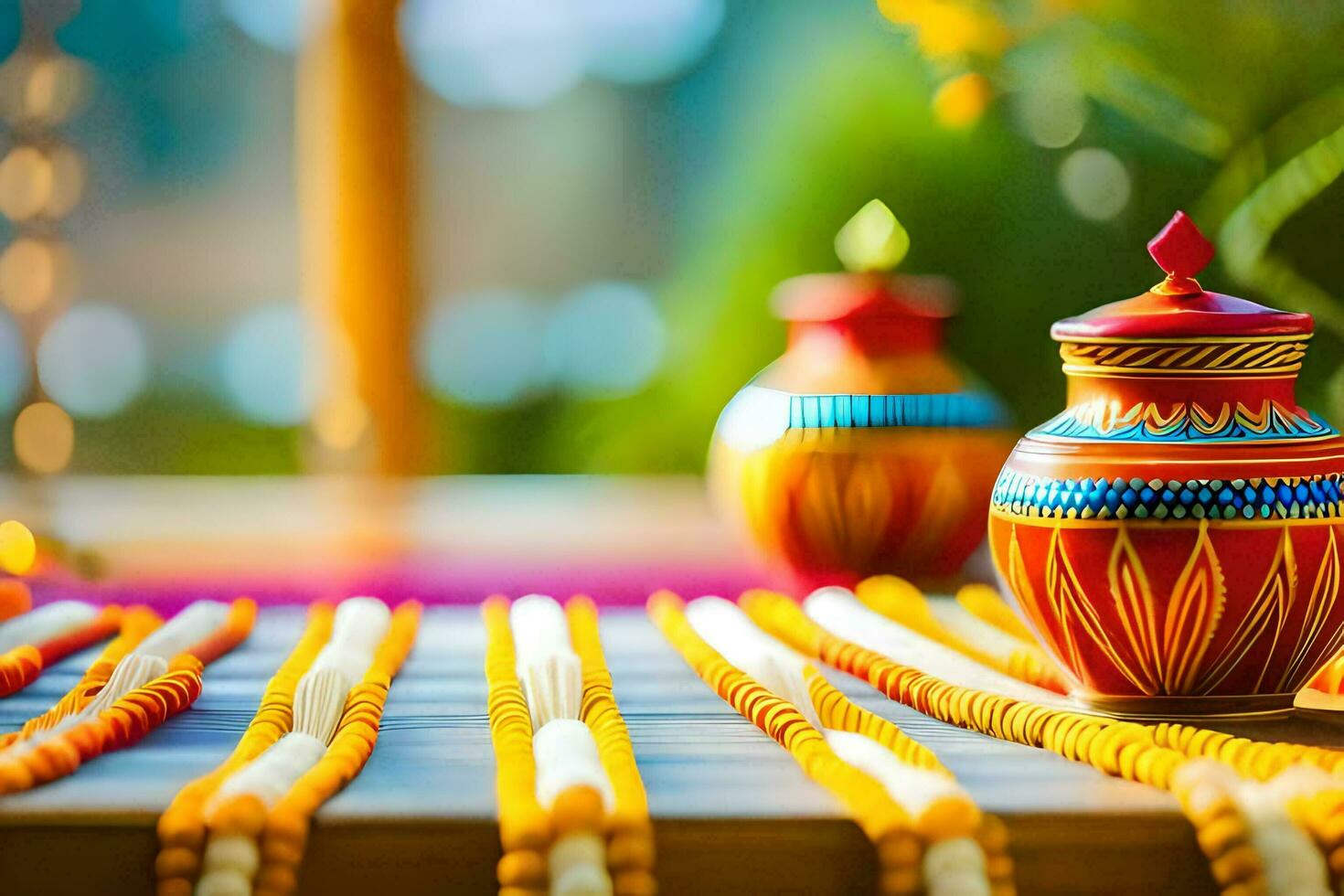 a colorful pot and a string of beads on a table. AI-Generated photo