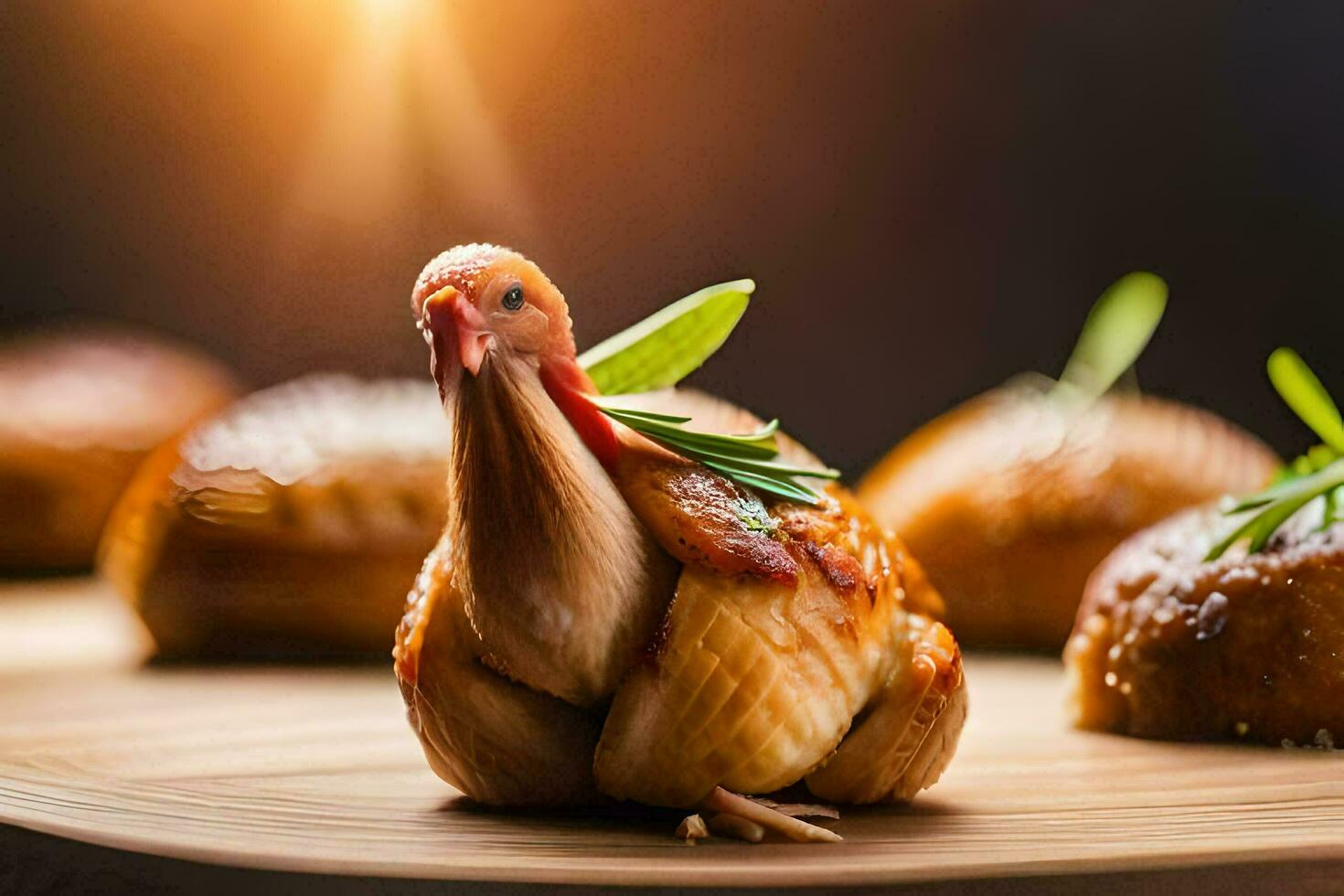 a turkey is sitting on top of a wooden board. AI-Generated photo