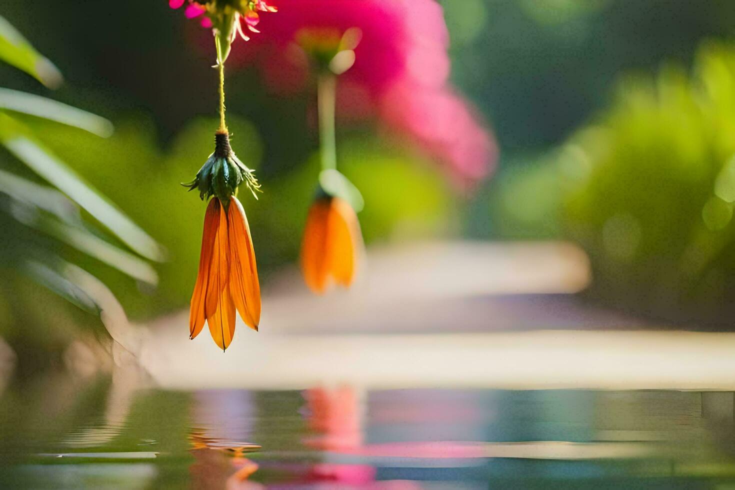 naranja flores colgando desde un cuerda en el agua. generado por ai foto