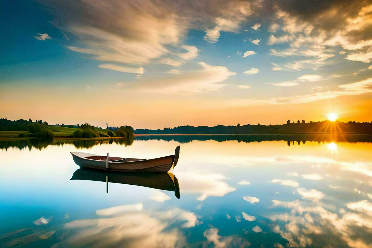 a boat is floating on a calm lake at sunset. AI-Generated photo