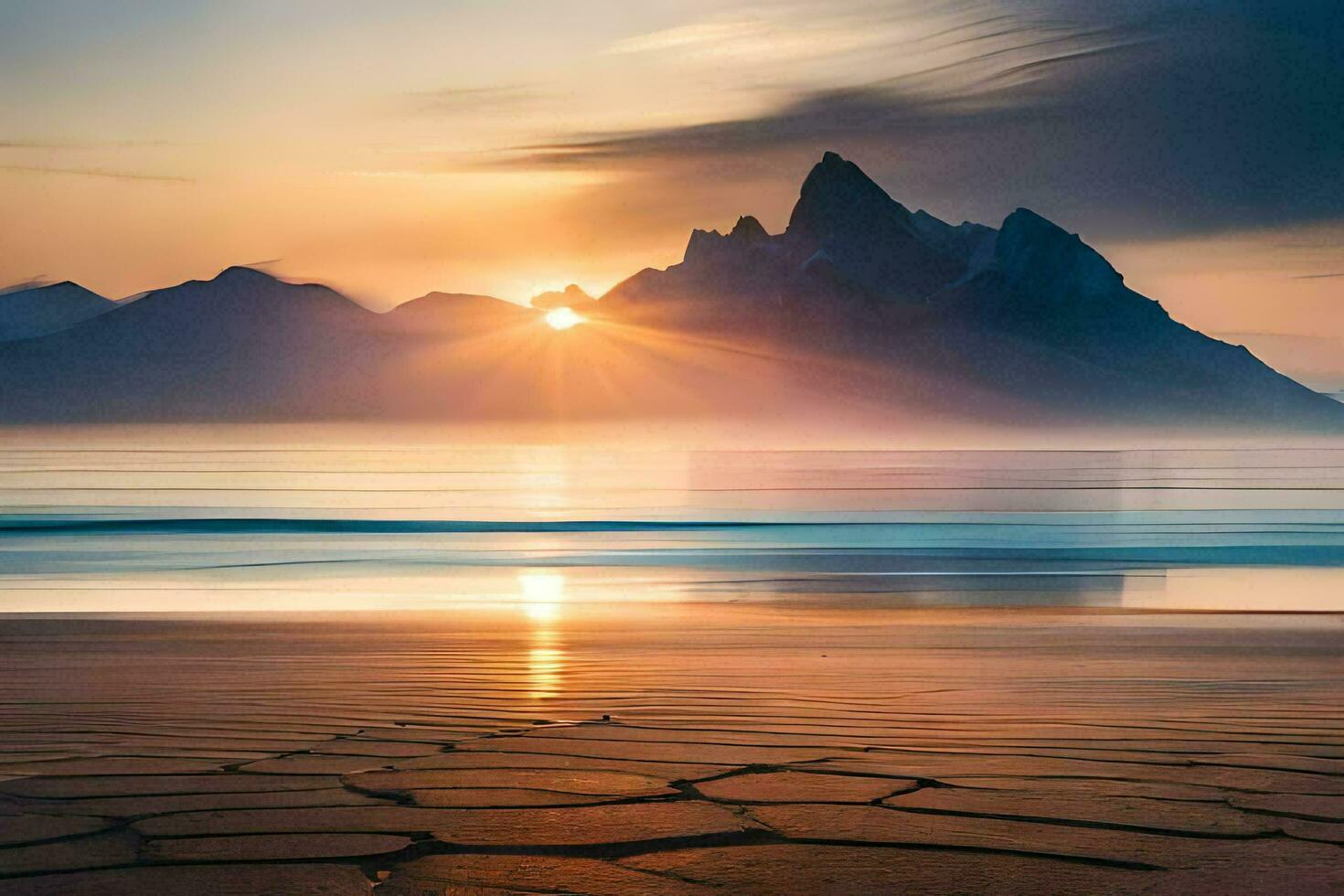 the sun rises over a mountain range and the ocean. AI-Generated photo