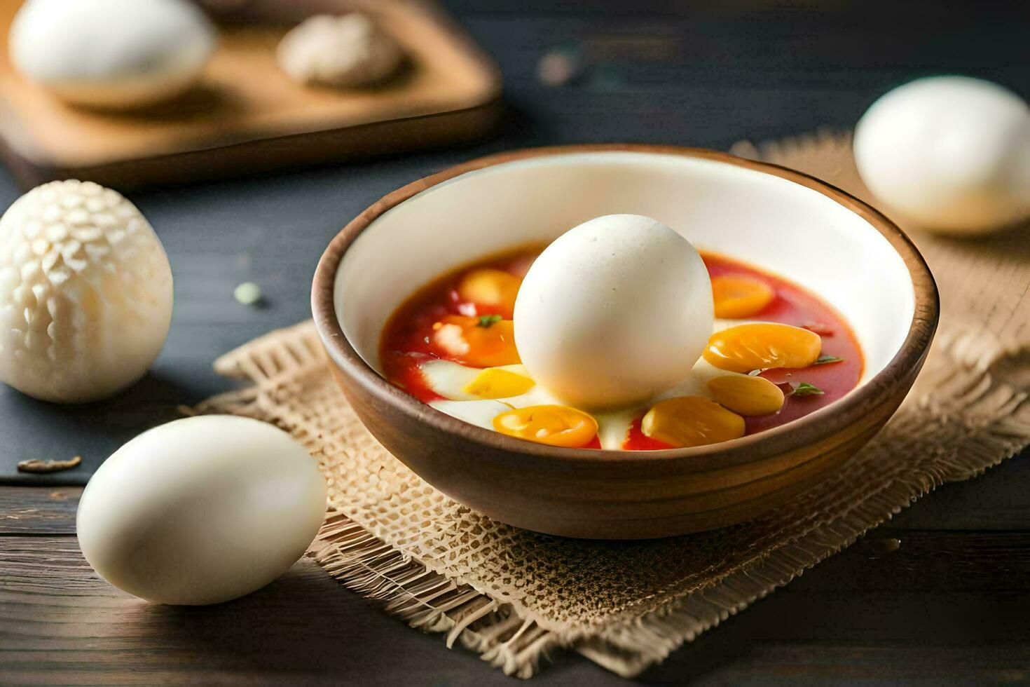 a bowl of eggs with a spoon and some other ingredients. AI-Generated photo